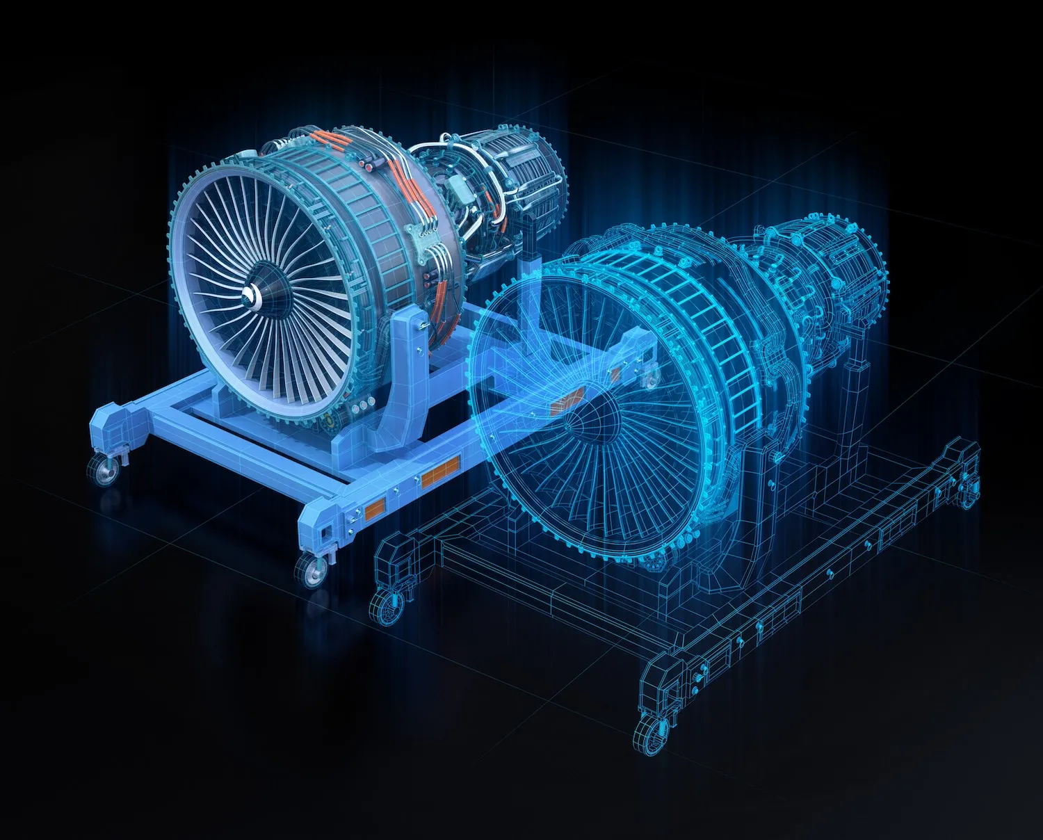 A rendering of a jet turbine engine in cutaway, next to a rendering of a complete engine.