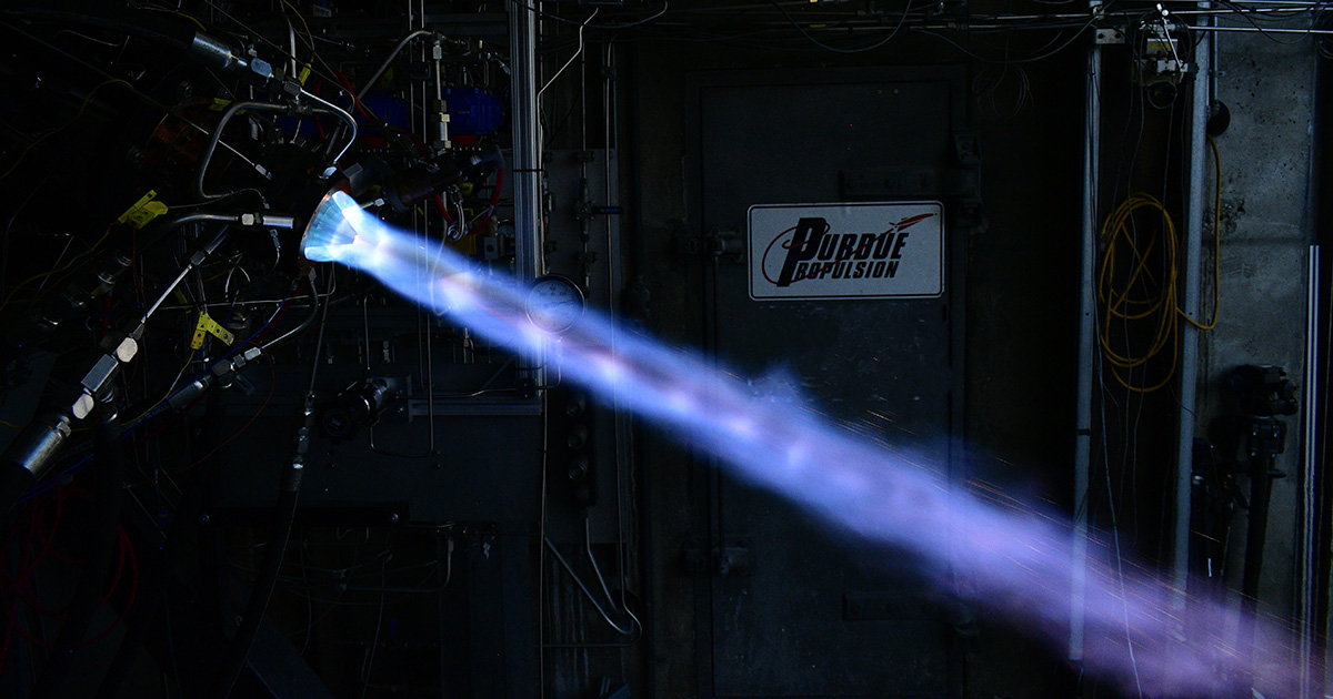 rocket plume from a rotating detonation engine being tested at Zucrow Labs