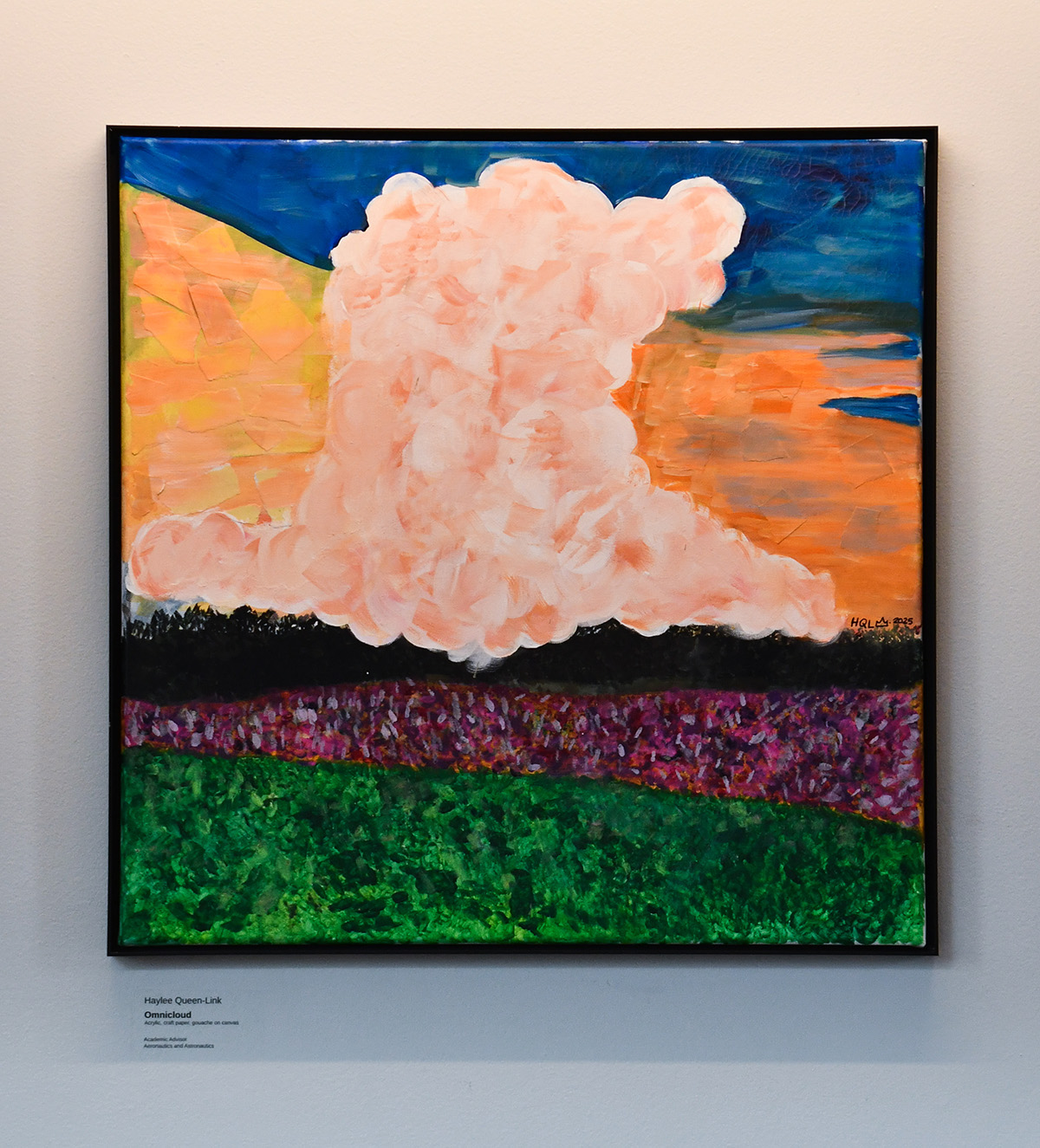 Painting of a large pink cloud over a floral landscape