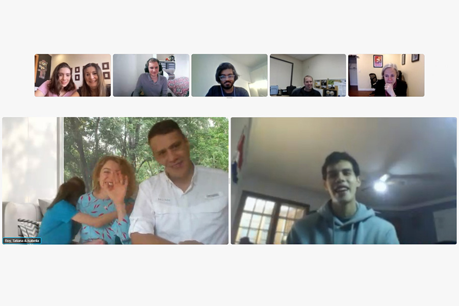 Roy Ramirez, bottom right, on a video teleconference receiving his surprise GA Ross award, with family, friends, and Purdue faculty and staff