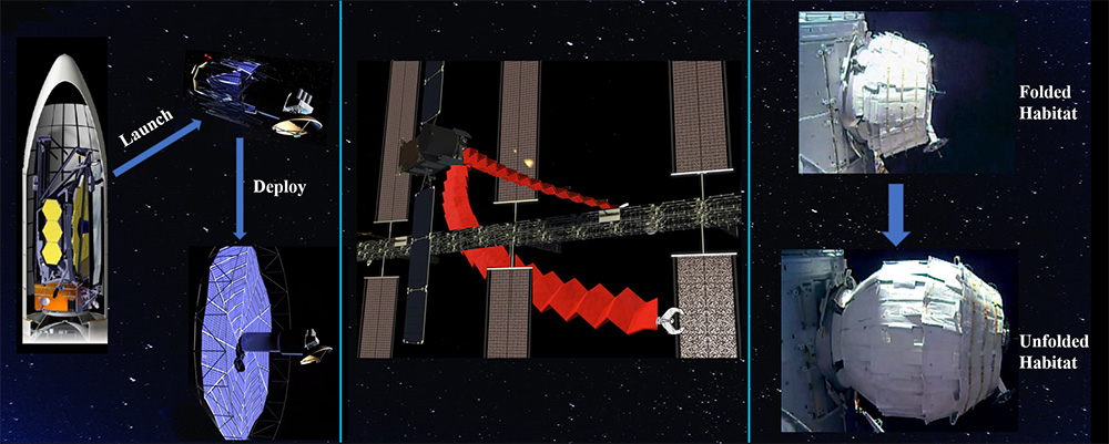 A series of three illustrations. The first shows a satellite deploying a solar panel. The second shows robotic claws with accordion-like arms. The third shows a space station habitat that collapses and expands via folding walls.