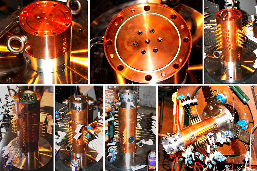 A composite of multiple photos showing the assembly of a seven-element rocket combustor.