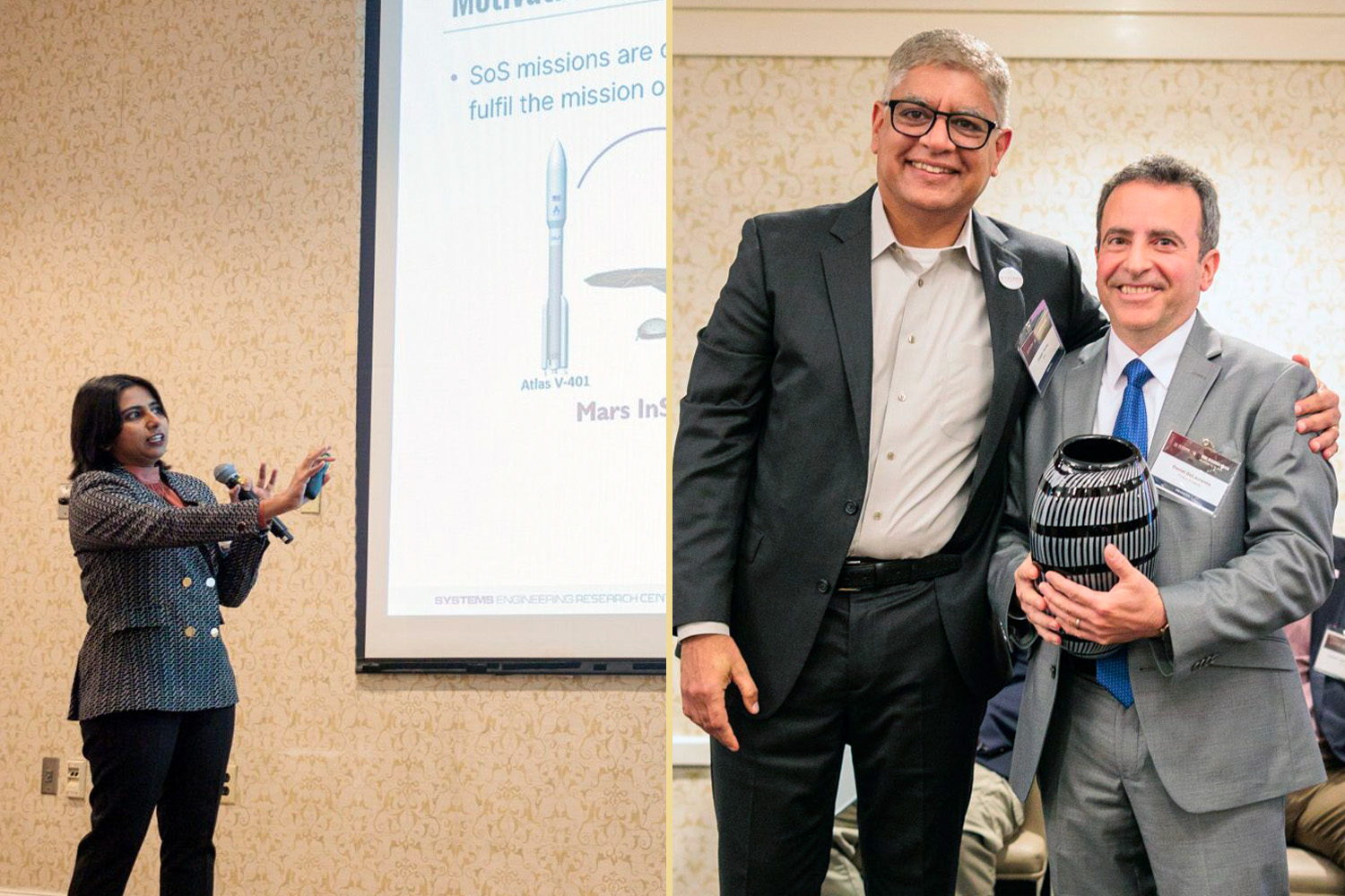 Composite of two photos, one showing Sonali Sinha Roy gesturing at a projector screen, another showing Dan DeLaurentis holding a vase-type object and standing with SERC Executive Director Dinesh Verma.