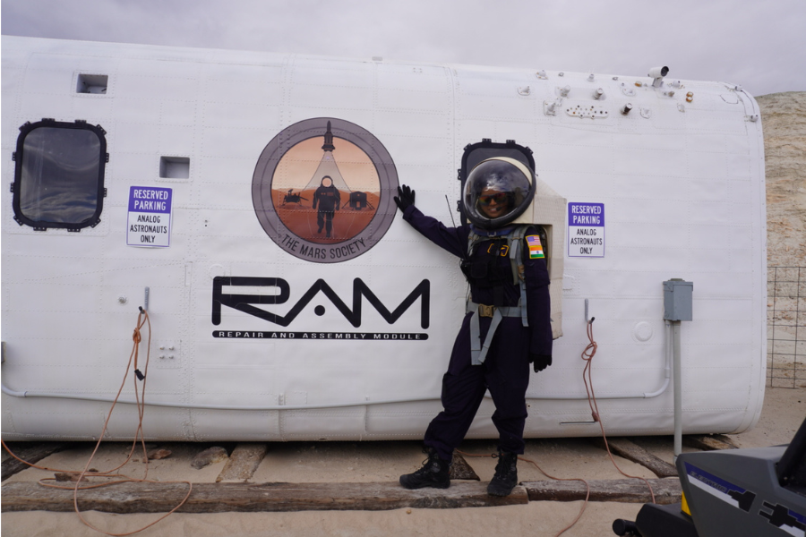 Analog astronaut near RAM module