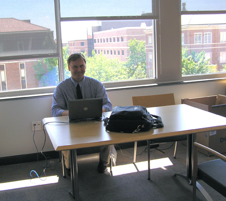 Prof. Farris' first day in "the best office on campus"