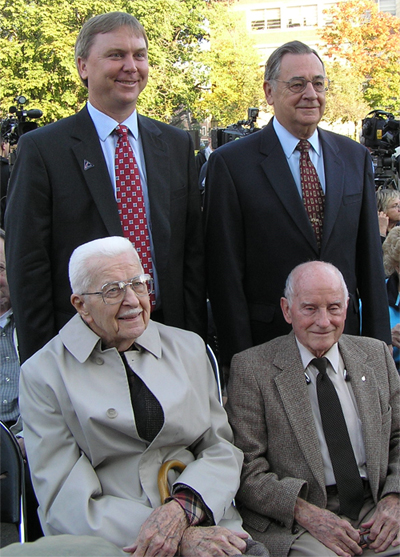 Professor Farris with (clockwise) Faculty Emeriti Gus Gustafson, George Palmer, and Larry Cargnino at the Neil Armstrong Statue Dedication