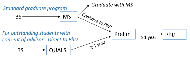 Flowchart overview of the Direct to Ph.D. qualifying sequence and possible outcomes.
