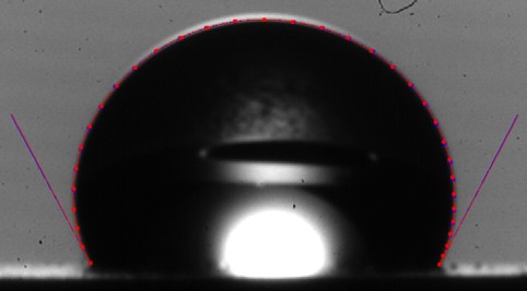 Image of a 5 µl liquid drop on a hydrophobic surface captured using the contact angle goniometer.