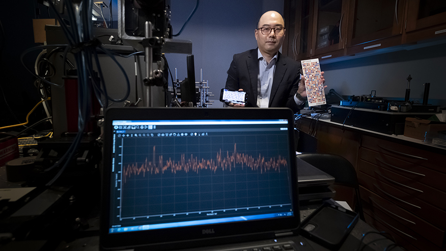 Young Kim, HemaChrome founder and chief science officer and Purdue University researcher, has developed a patent-pending method to extract true colors from a digital photo. HemaChrome uses the method in its smartphone technology to measure blood hemoglobin levels from a digital photo of the inner eyelid. HemaChrome is collaborating with Global Health Labs to enhance the technology. (Purdue University photo/Vincent Walter)