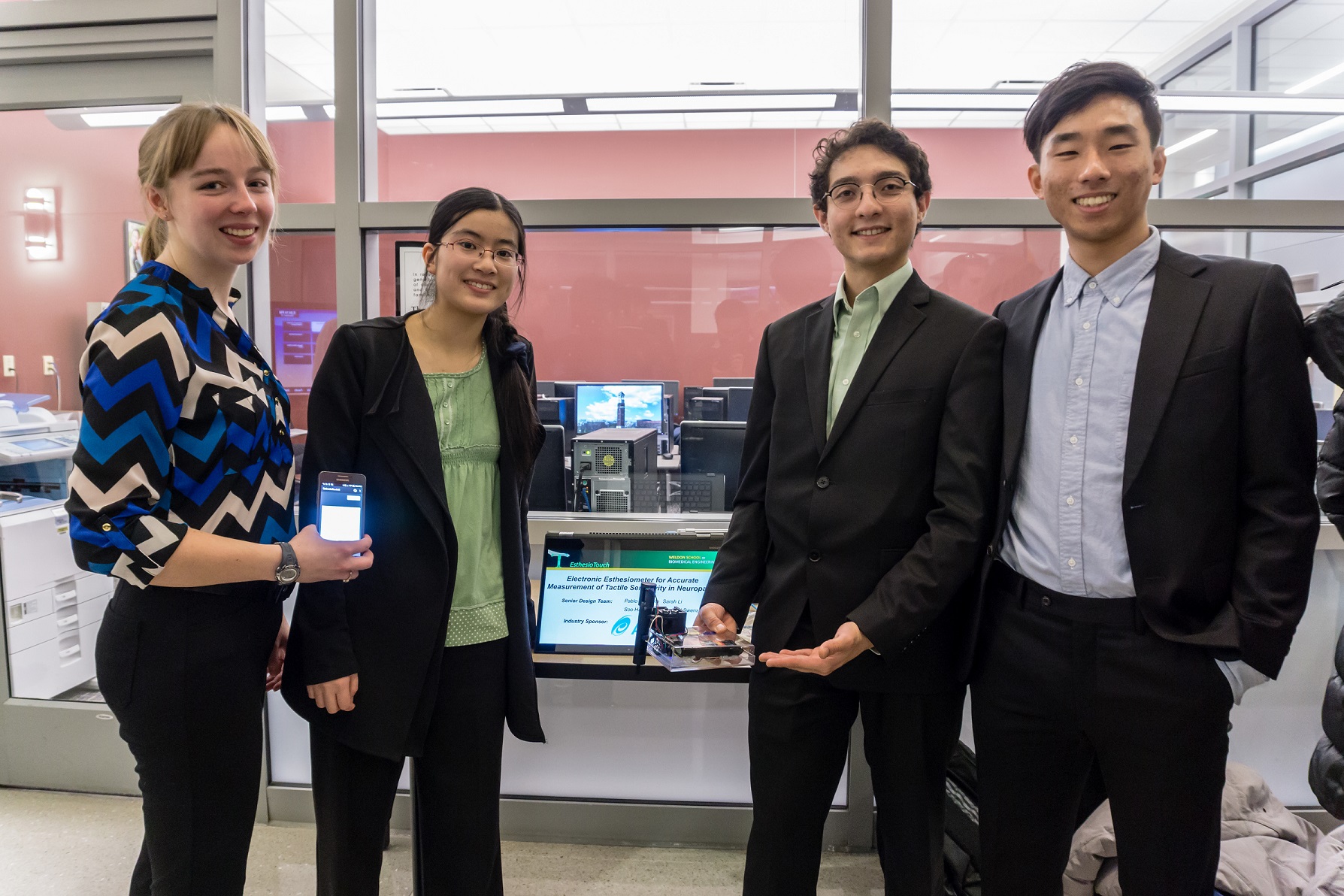 Rachael Swenson, Sarah Li, Pablo Argote, and Soo Han Soon worked with mentors at Axogen to develop a diagnostic tool that measures tactile sensitivity for their senior design project.