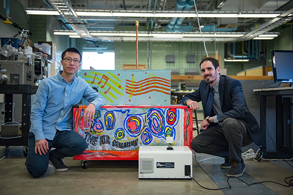 In the next phase of testing, Assistant Professor Brandon Boor (right) and PhD student Tianren Wu will use 'The Air Machine' in a child care facility to study the amount of particles kicked up in a live, child-heavy environment.