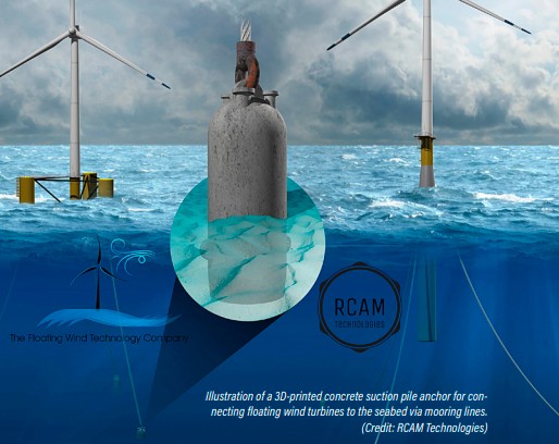 Illustration of a 3D-printed concrete suction pile anchor for connecting floating wind turbines to the seabed via mooring lines. (Credit: RCAM Technologies)