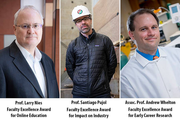 Larry Nies, Professor of Civil Engineering and Environmental and Ecological Engineering; Santiago Pujol, Professor of Civil Engineering; and Andrew Whelton, Associate Professor of Civil Engineering and Environmental and Ecological Engineering.