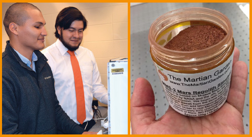 Through 3-D printing, Civil Engineering undergrads Nestor Fabian Rodriguez Buitrago and Oscar Ojeda Ramirez re-created Martian soil for architecture behavior testing.