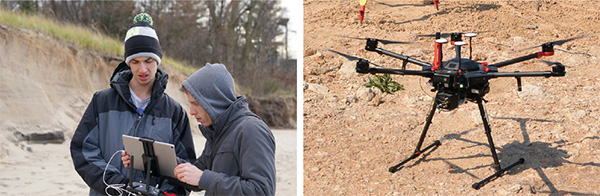The Purdue research team uses this drone fitted with a LiDAR device to measure coastal erosion at southern Lake Michigan.