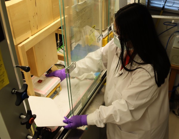 PhD student Xing Li tests the effectiveness of UV radiation on a pathogen sample.