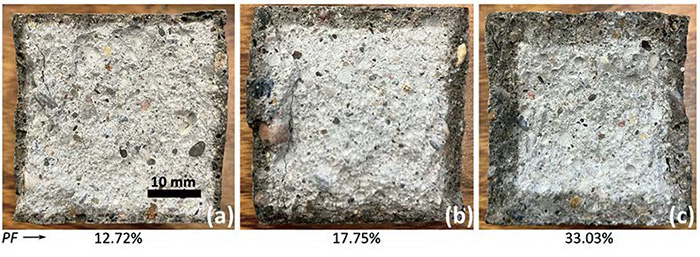 Darker areas show how far phase change materials, or PCMs, have penetrated the pores of construction materials that spent 15 minutes, one hour and four hours in a process developed by Mirian Velay-Lizancos, assistant professor of civil engineering, and her research team. The process improves upon the traditional method to incorporate PCMs into construction materials, which could reduce a buildings energy consumption, leading to a reduction in carbon dioxide emissions and operational costs.