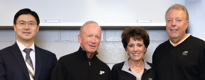 Honoring Jack and Kay Hockema for their generosity with the President's Council Pinnacle Award. (From left): Dean of Engineering Mung Chiang, Purdue President Mitch Daniels, Kay Hockema, Jack Hockema