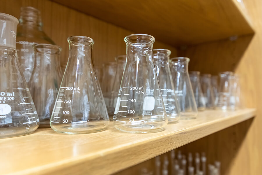 Empty Erlenmeyer flasks on lab shelves in a chemical engineering lab