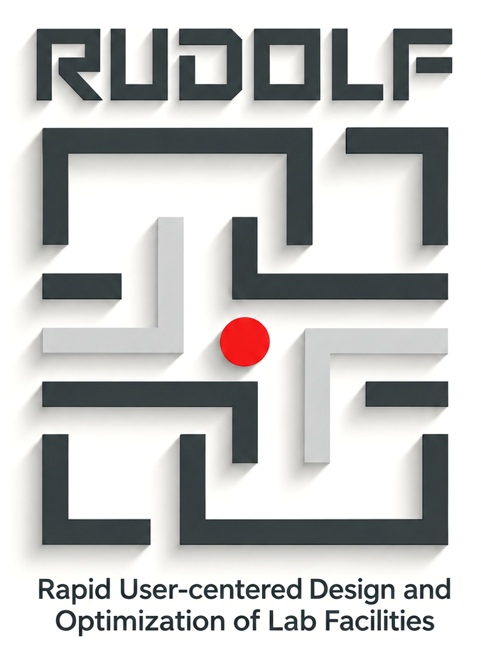 RUDOLF logo: the word RUDOLF in block lettering above a square maze with a red dot at its center, and the text Rapid User-centered Design and Optimization of Lab Facilities below