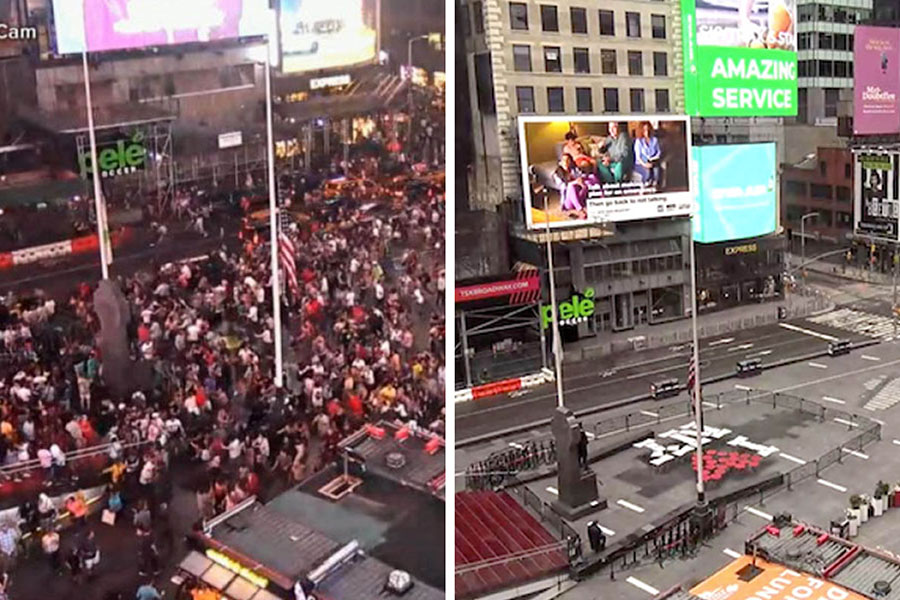 photos of times square in 2019 and 2020