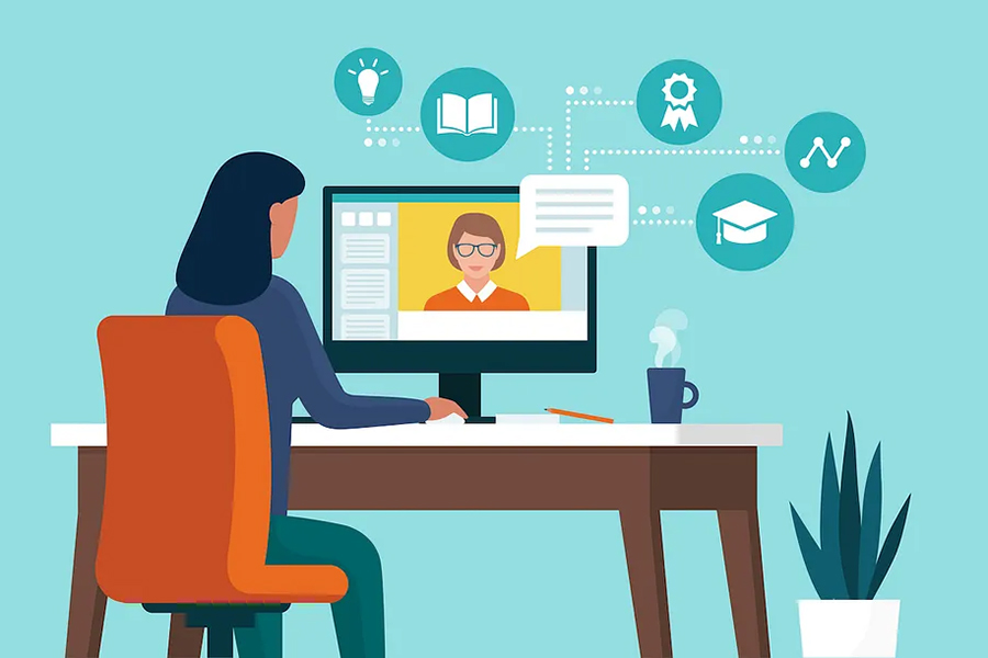 Stock illustration of a woman sitting at a computer to represent a typical online learner.