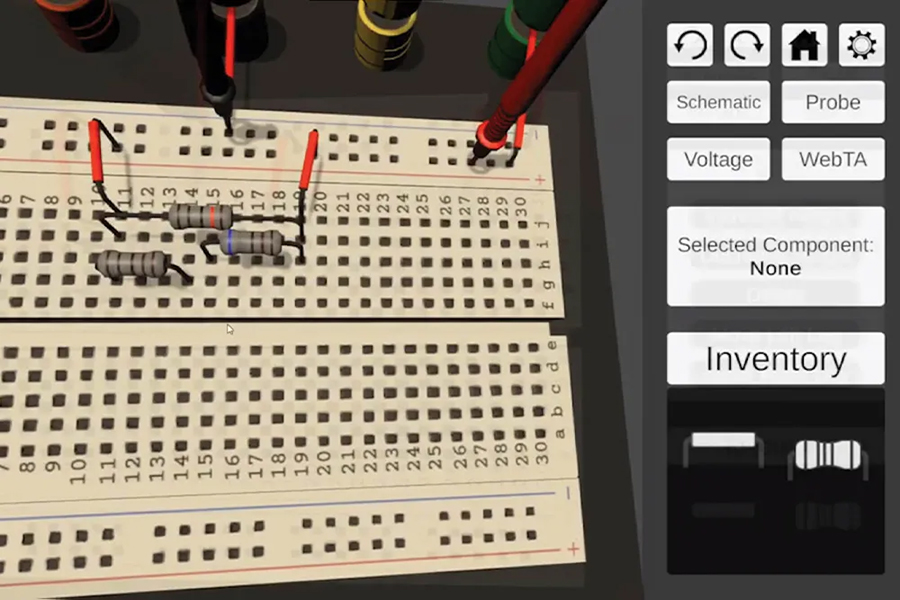 This screencapture shows how instructors are using virtual labs to instruct students. A virtual electronics beadboard is shown here.