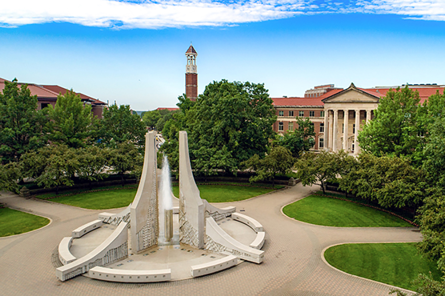 aerial image of engineering fountain on purdue campus