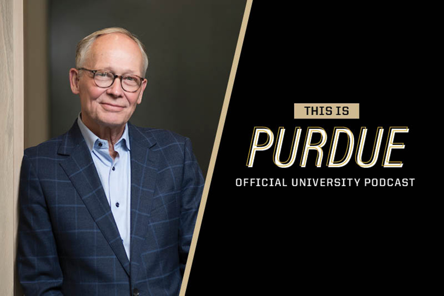 A photo of Mark Lundstrom next graphics that read "This is Purdue: Official University Podcast".