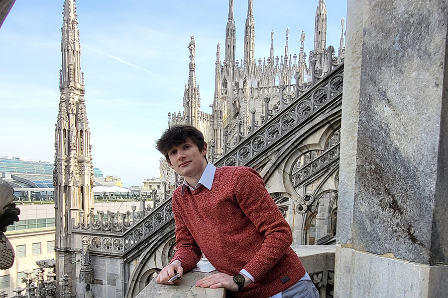 ECE student, Landon Carre, poses for a picture while on a balcony at Il Duomo, which is a cathedral located in Milan, Italy.