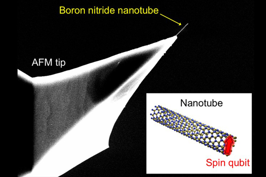 An image featuring a small metal fragment with an accompanying diagram of a nanotube's structure