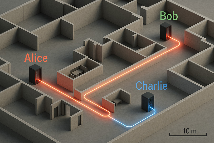 Diagram of a building layout with server connections. Orange line links Alice and Bob; blue line connects Charlie. Labels indicate names. Scale shows 10 meters.