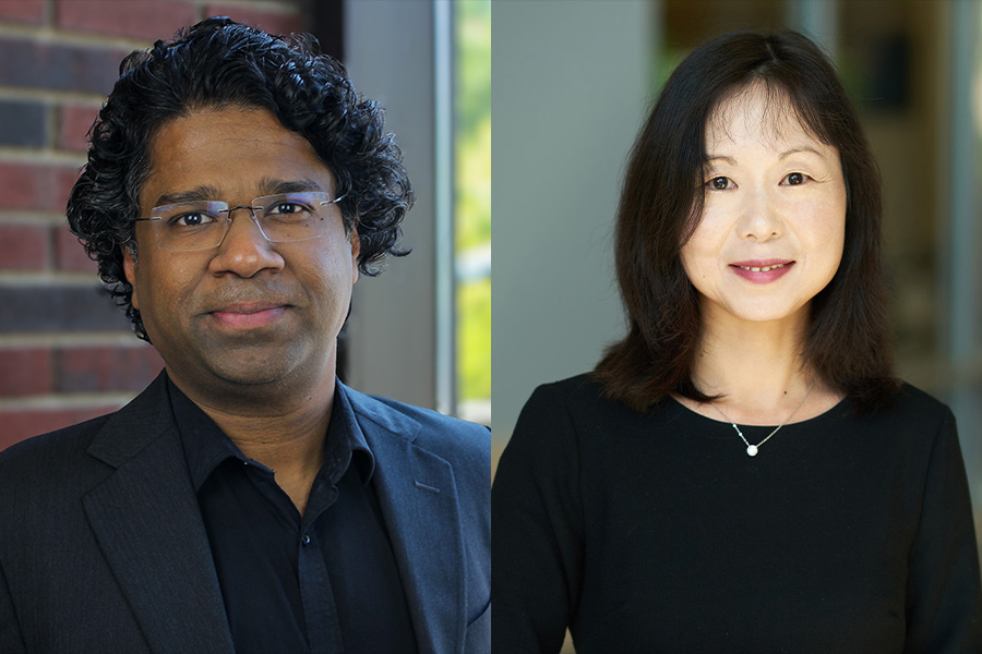 Side-by-side portraits of Purdue ECE professors Zubin Jacob and Dan Jiao.