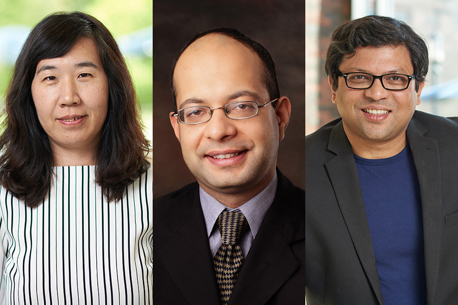 Three individuals are shown in separate headshots. The first is a woman in a striped blouse, smiling gently. The second is a man in a suit and tie, smiling warmly. The third man is wearing glasses, a black blazer, and a blue shirt, smiling broadly. Backgrounds are softly blurred.