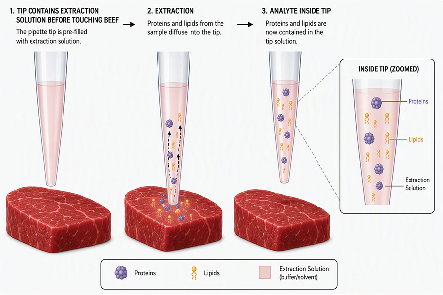 Diagram showing a three-step extraction process in which a pipette tip containing extraction solution touches beef, collects proteins and lipids from the sample, and retains them in the solution for analysis.