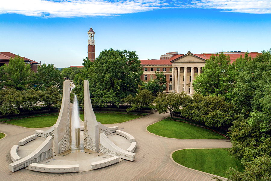 aerial view of clock tower and hovde hall on purdue's campus