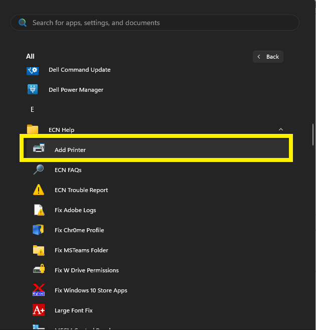 Screenshot of Windows 11 Start Menu with the ECN help folder open and the "Add Printer" box highlighted.