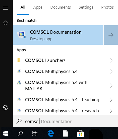 Windows start menu searching for Comsol