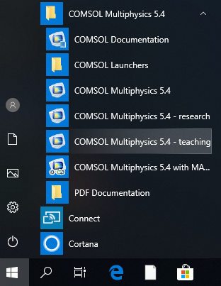 Windows start menu Comsol