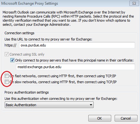 Screenshot of Microsoft Exchange Proxy Settings window.