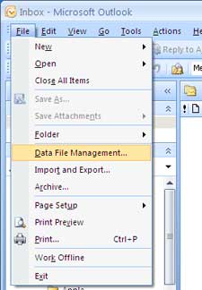 Screenshot of File dropdown menu in Outlook.