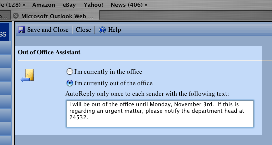 Screenshot of Out Of Office Assistant options for Outlook Web Access.