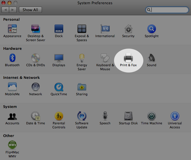 Screenshot of selecting Print & Fax in System Preferences.