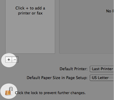 Screenshot of the plus sign and lock icon in Print & Fax.