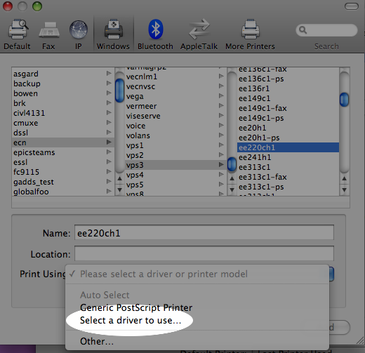 Screenshot of selecting a driver to use in the Add Printers menu (Print Using option at bottom).