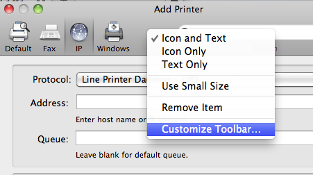 Screenshot of right clicking on Mac's Add A Printer window.