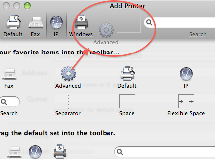 Screenshot of dragging the gear on Mac's Add A Printer window.