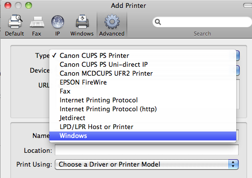Screenshot of Type dropdown menu in the Advanced tab on Mac's Add A Printer window.