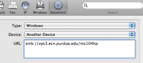 Screenshot of URL textbox in the Advanced tab on Mac's Add A Printer window.