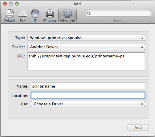 Mac add printer dialog box